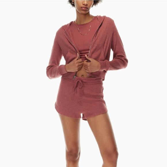 TNA Aritzia Waffle Zip Hoodie Rose Dawn Pink Thermal Knit XS - Picture 1 of 4